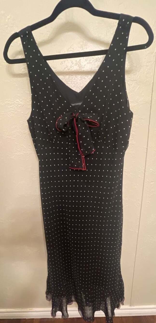 Black and White Polka Dot Dress with Red Trim Bow. Pinup/Rockabilly